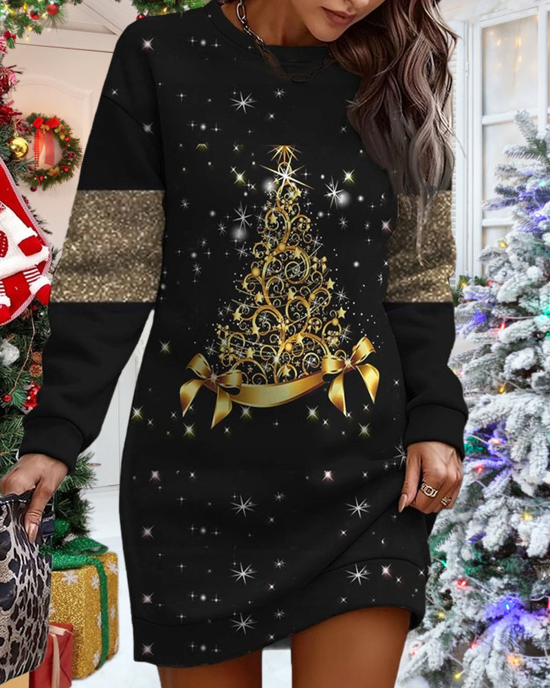 Casual Dress with Christmas Tree Print