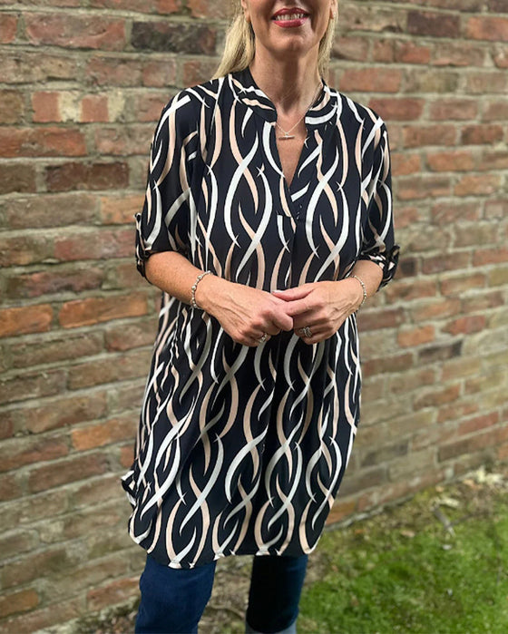 Casual printed V-neck long-sleeve blouse