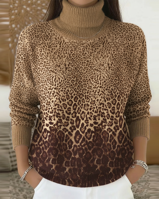 Leopard Print Casual High-Neck Pullover