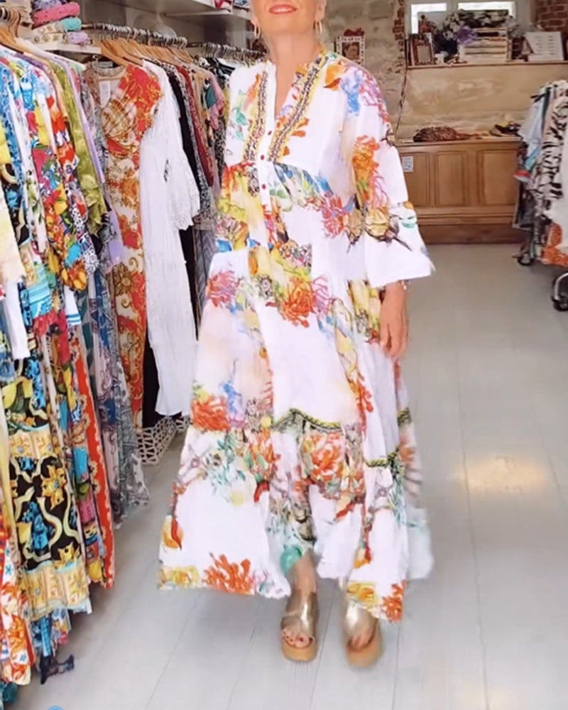 Boho printed button patchwork dress