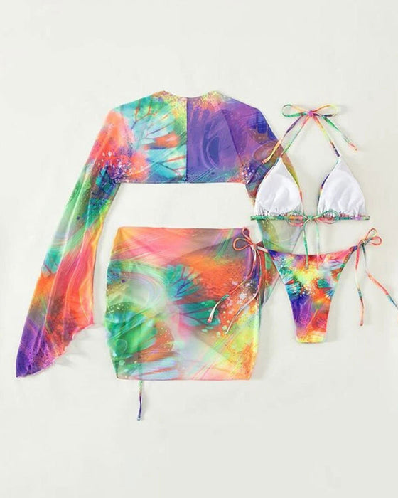 Three-piece multicolor tie-dye bikini set
