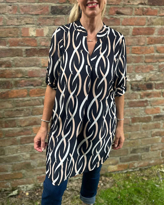 Casual printed V-neck long-sleeve blouse