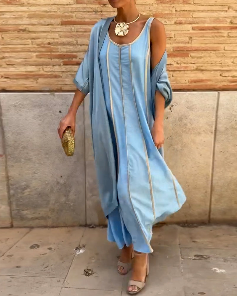 Printed Round Neck Long Dress Casual Top Two Piece Set