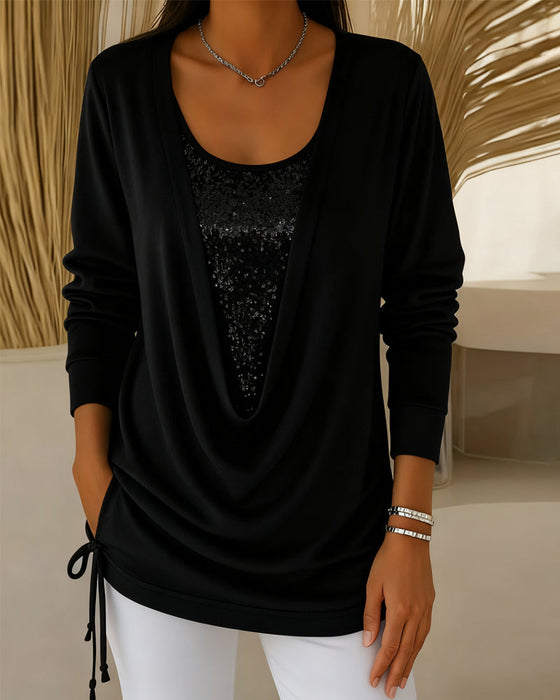 Sequin Contrast Color Faux Two-Piece Top