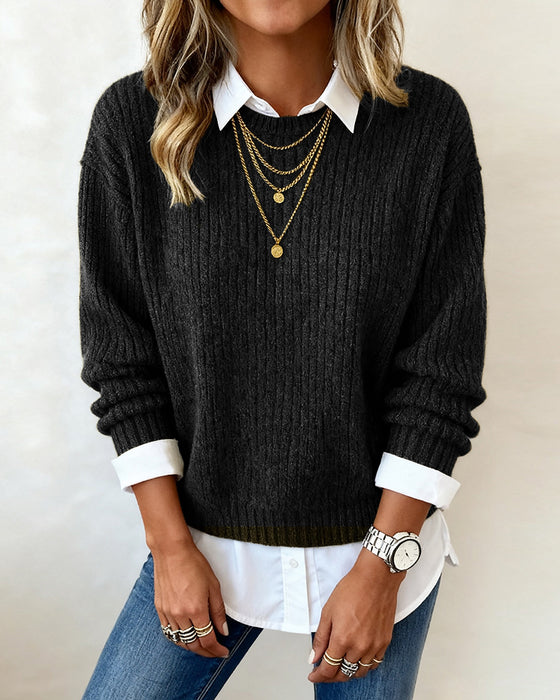 Shirt Collar Patchwork Sweater