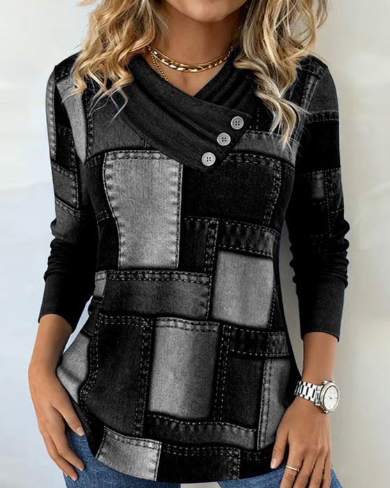 V-Neck Contrast Solid Color Long-Sleeved Top