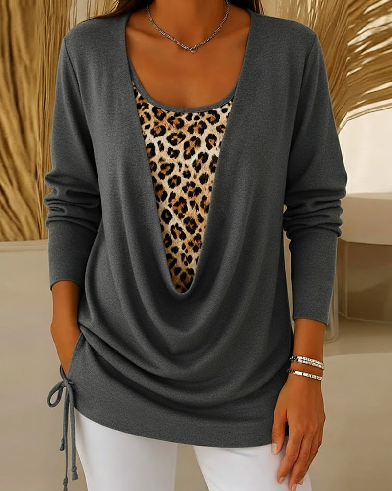 Fake Two-Piece Lace-Up Leopard Print T-Shirt