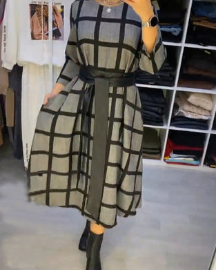 A-Line Round Neck Plaid Dress
