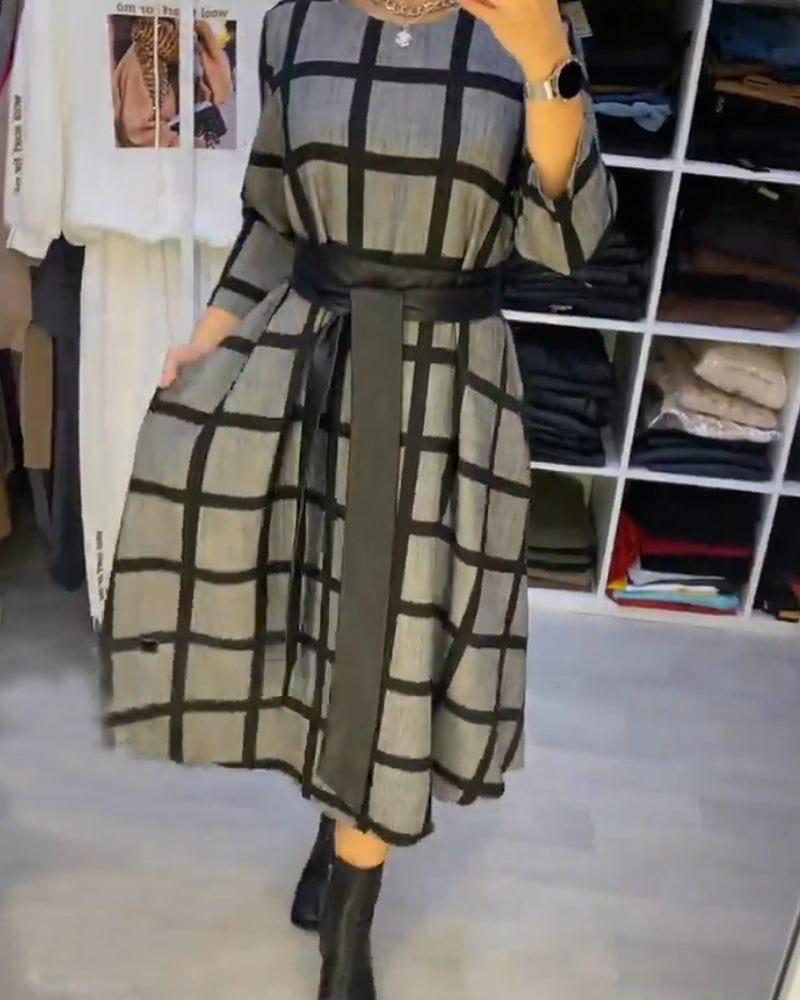 A-Line Round Neck Plaid Dress