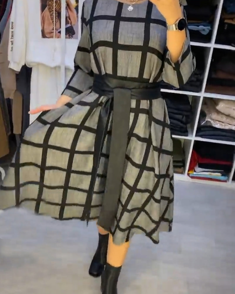 A-Line Round Neck Plaid Dress