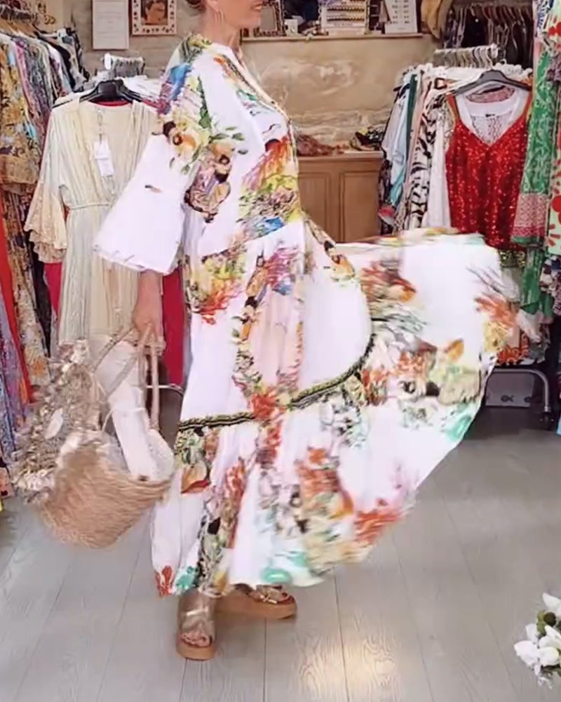 Boho printed button patchwork dress