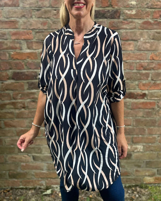 Casual printed V-neck long-sleeve blouse