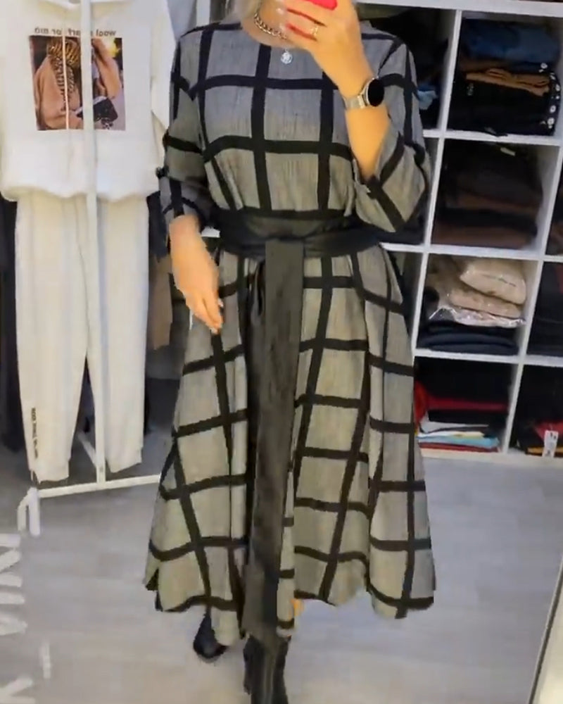 A-Line Round Neck Plaid Dress