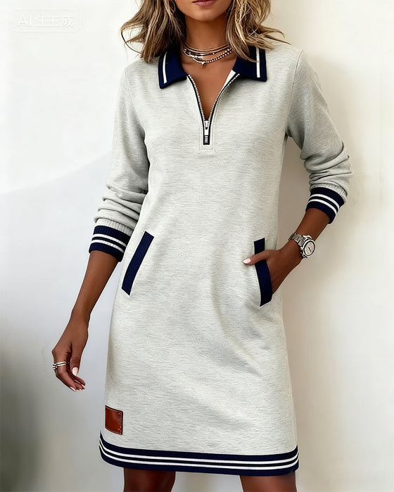 Zipper Lapel Long Sleeve Dress