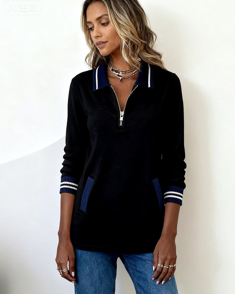 Lapel Zipper Contrast Color Loose Sweatshirt