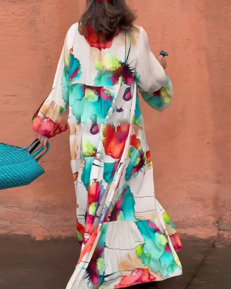 Button print loose korean style dress