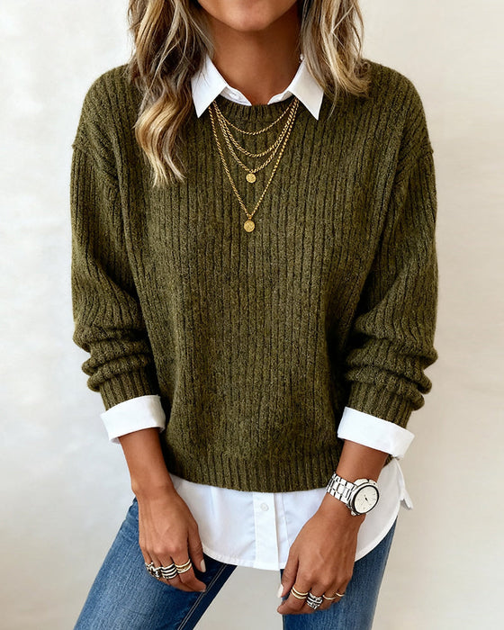 Shirt Collar Patchwork Sweater