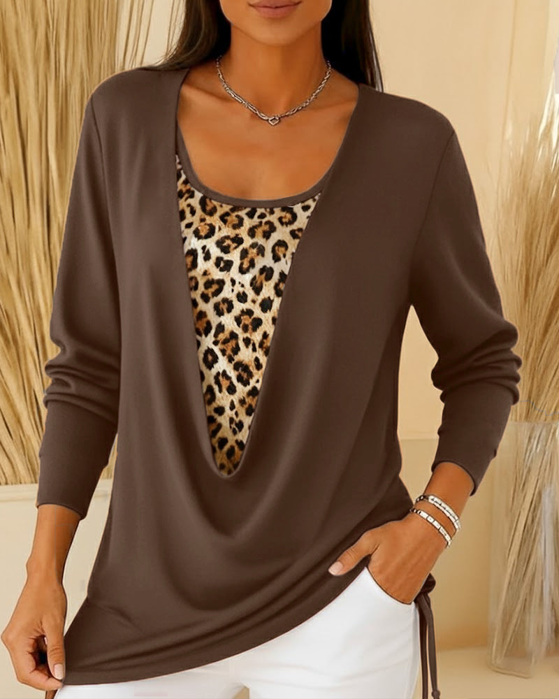 Fake Two-Piece Lace-Up Leopard Print T-Shirt