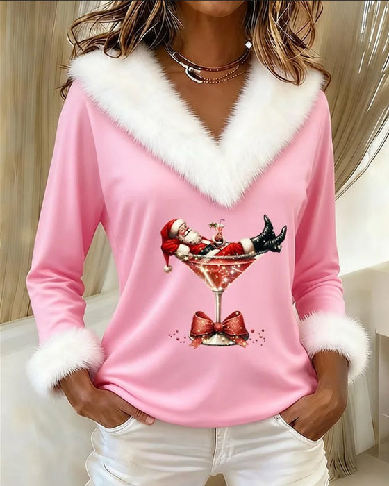 Plush Christmas Print Long Sleeve Top