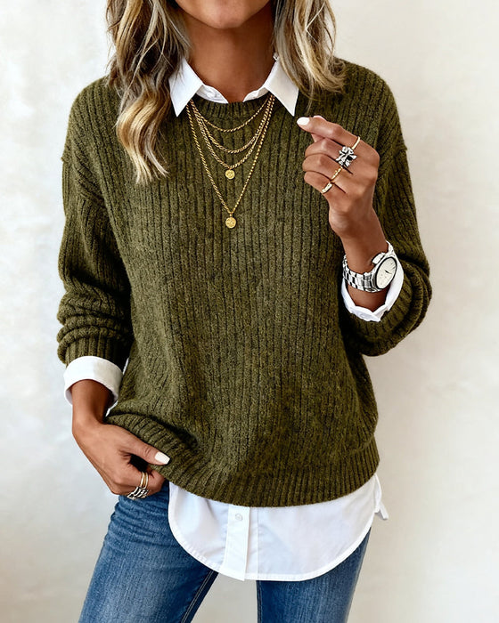 Shirt Collar Patchwork Sweater