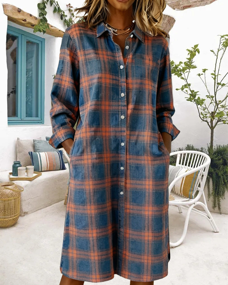 Lapel Casual Long Sleeve Plaid Dresses