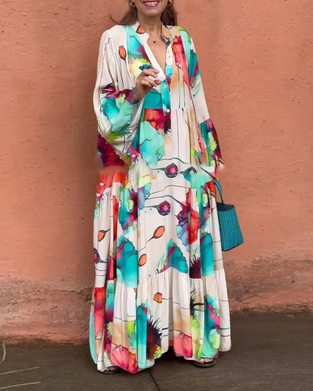 Button print loose korean style dress