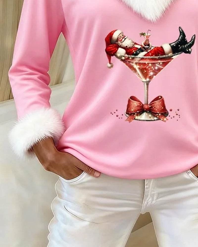 Plush Christmas Print Long Sleeve Top