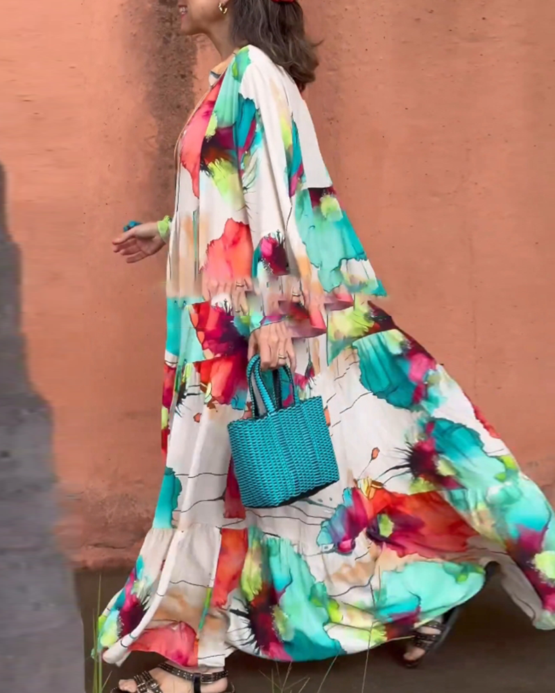 Button print loose korean style dress