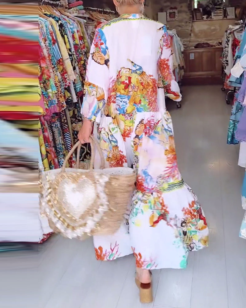 Boho printed button patchwork dress