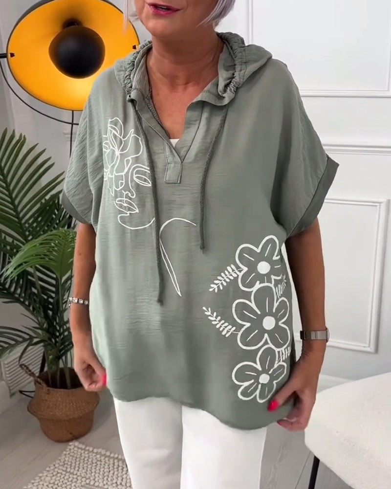 Casual floral print hooded short-sleeve blouse
