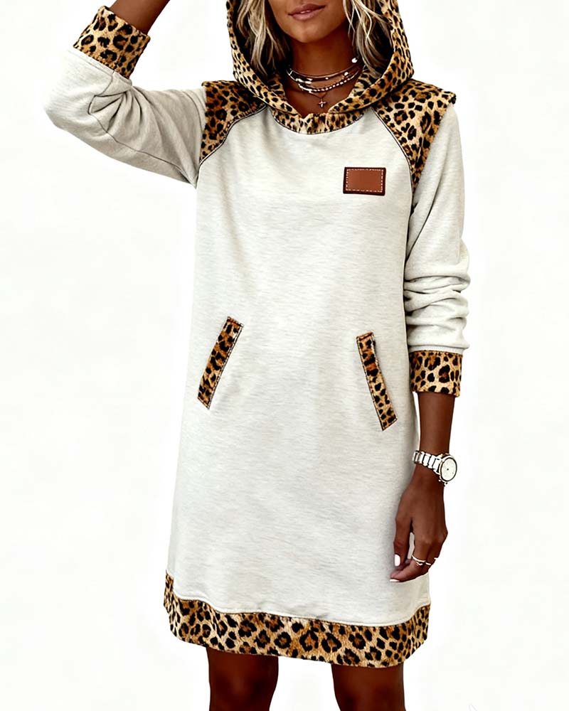 Casual Hooded Leopard-Panel Dress