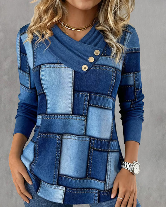 V-Neck Contrast Solid Color Long-Sleeved Top