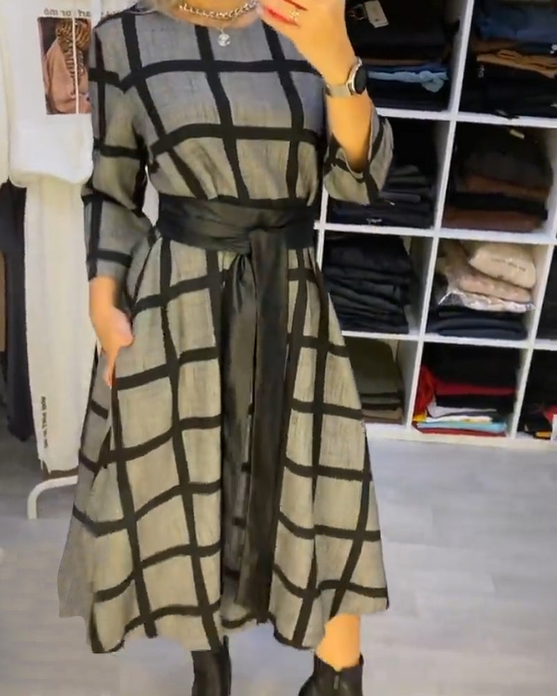 A-Line Round Neck Plaid Dress