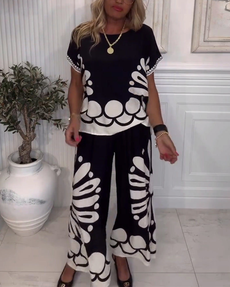Temperament Printed Pocket Wide-Leg Pants Suit