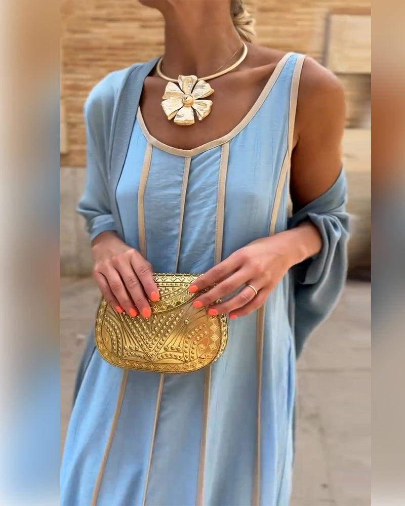 Printed Round Neck Long Dress Casual Top Two Piece Set