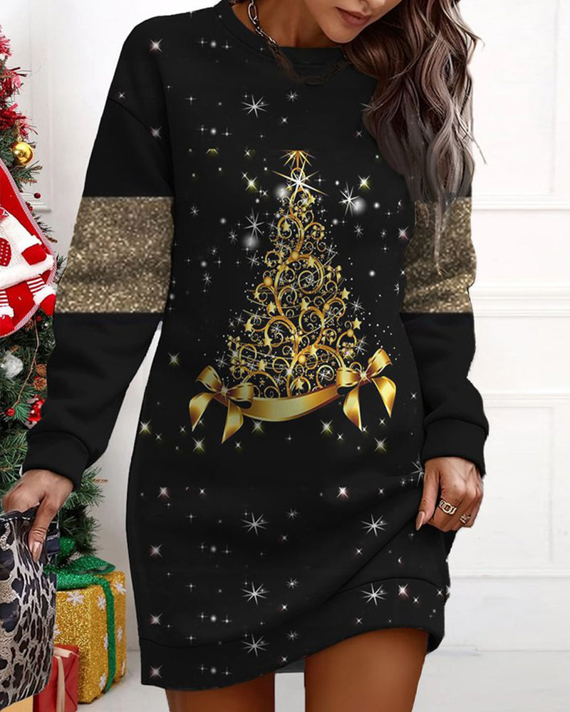Casual Dress with Christmas Tree Print