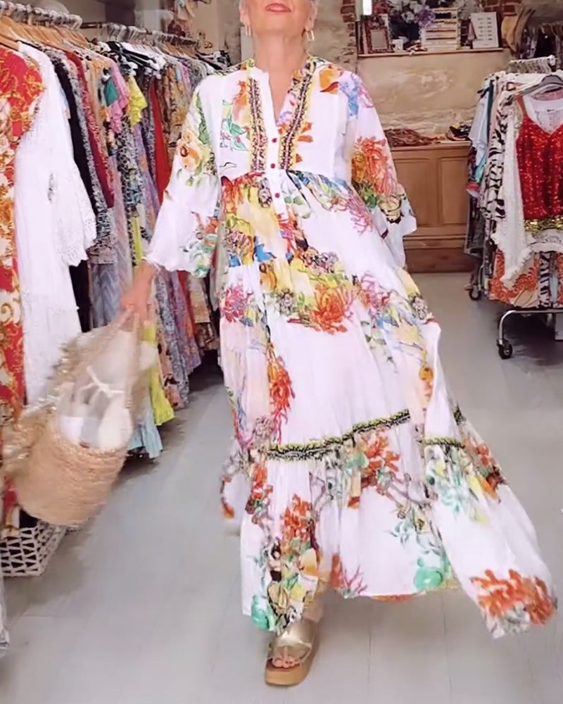 Boho printed button patchwork dress