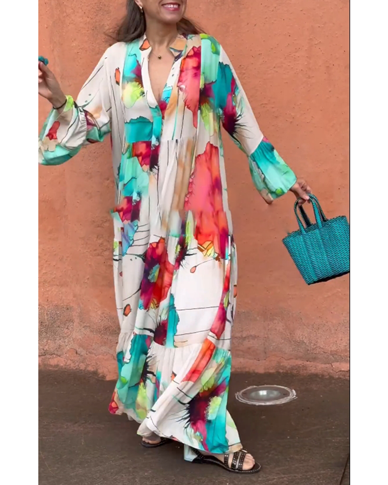 Button print loose korean style dress