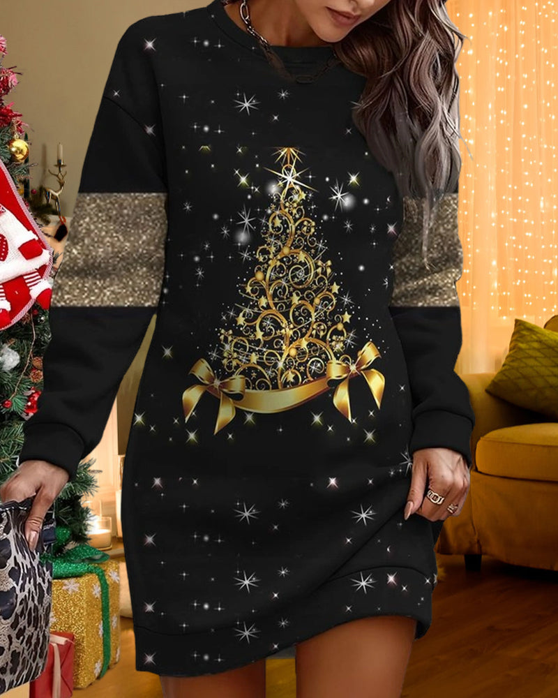 Casual Dress with Christmas Tree Print