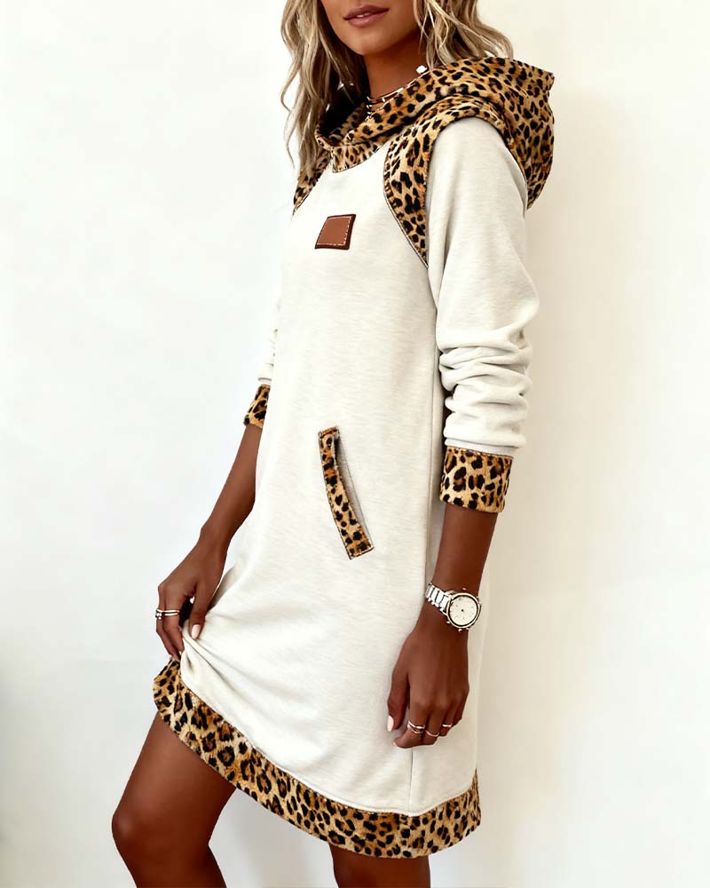 Casual Hooded Leopard-Panel Dress