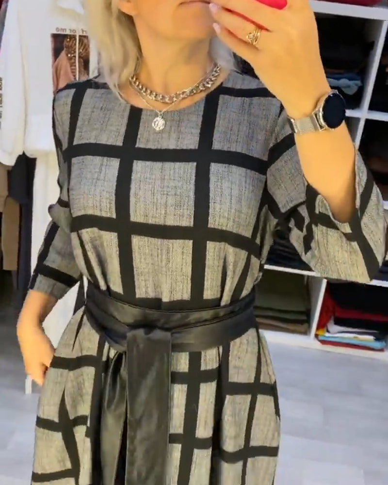 A-Line Round Neck Plaid Dress