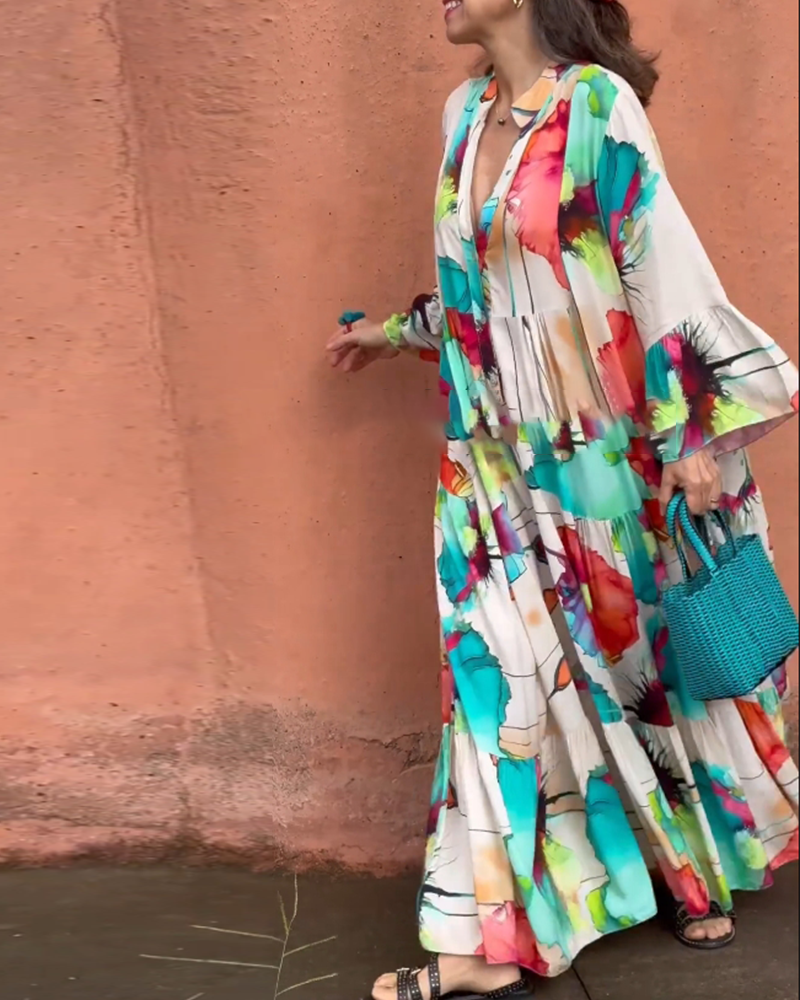 Button print loose korean style dress