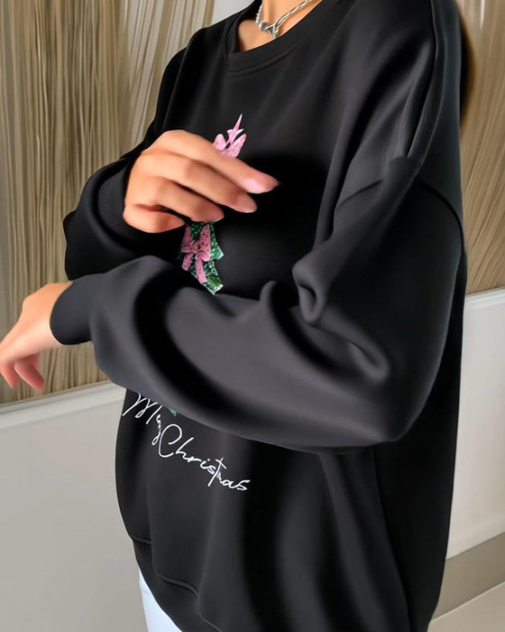 Crew Neck Christmas Long Sleeve Print Sweatshirt