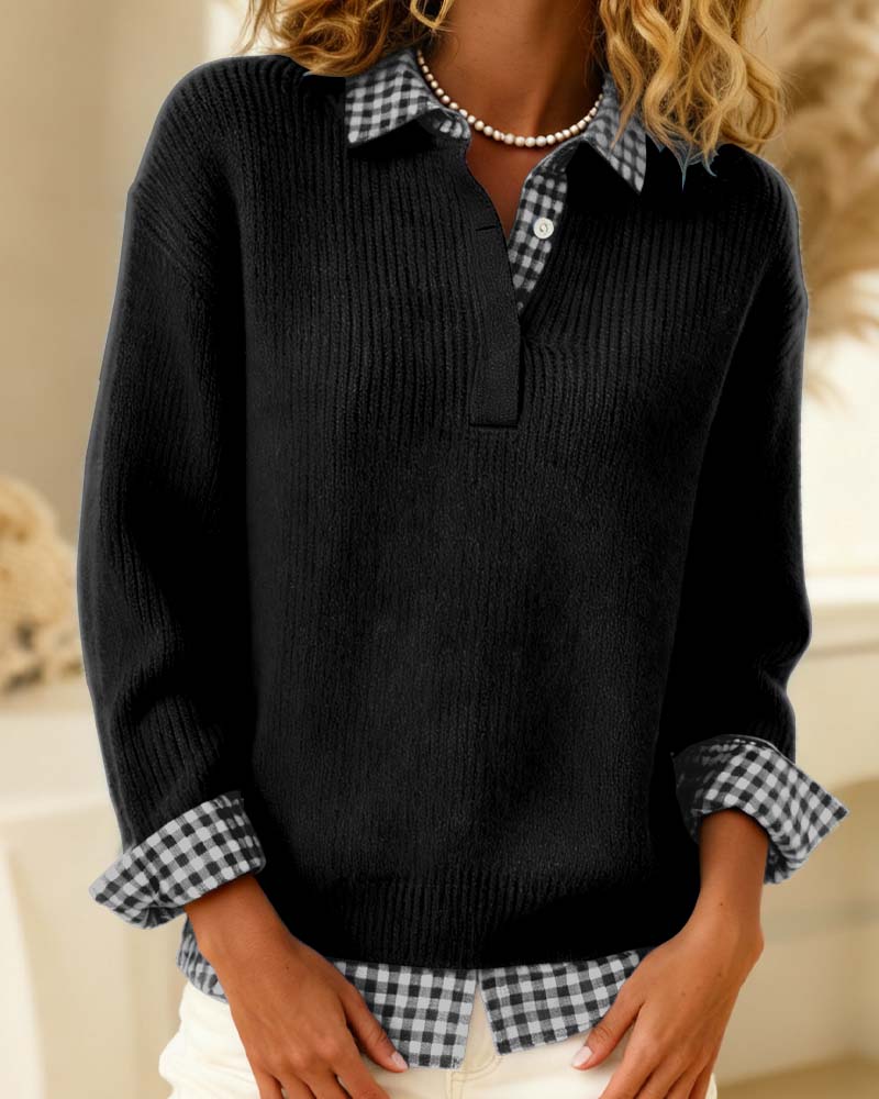 Solid Color Plaid Patchwork Pullover