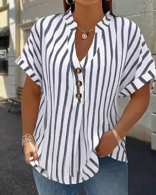 Button-Down V-Neck Striped Blouse