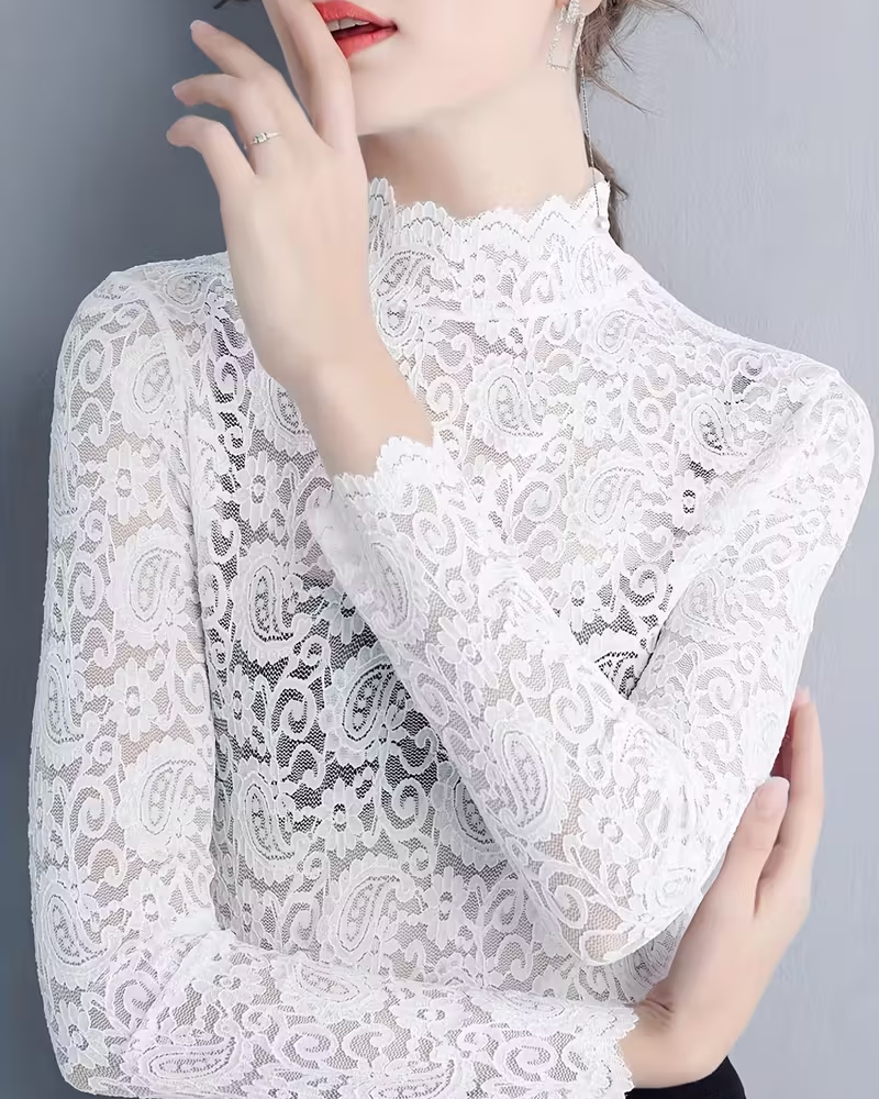 Elegant Solid Half Neckline Long Sleeve Lace Top