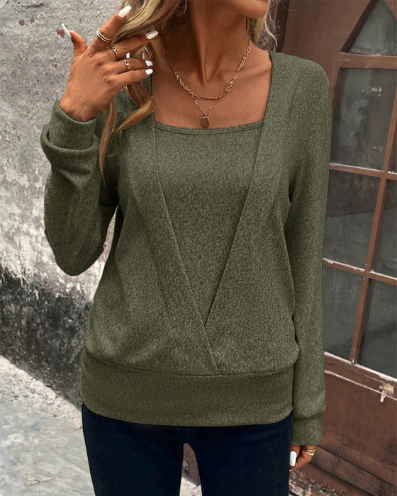 Casual solid color square neck long sleeve sweatshirt