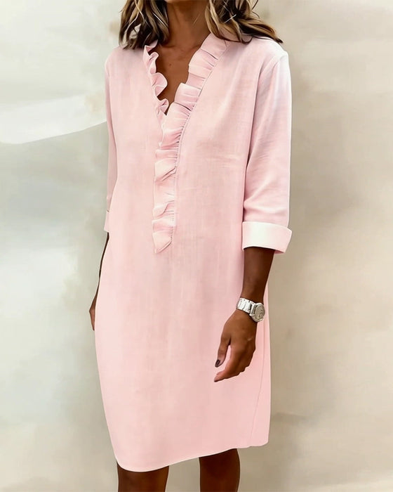 Ruffled V-Neck Solid Color Dress