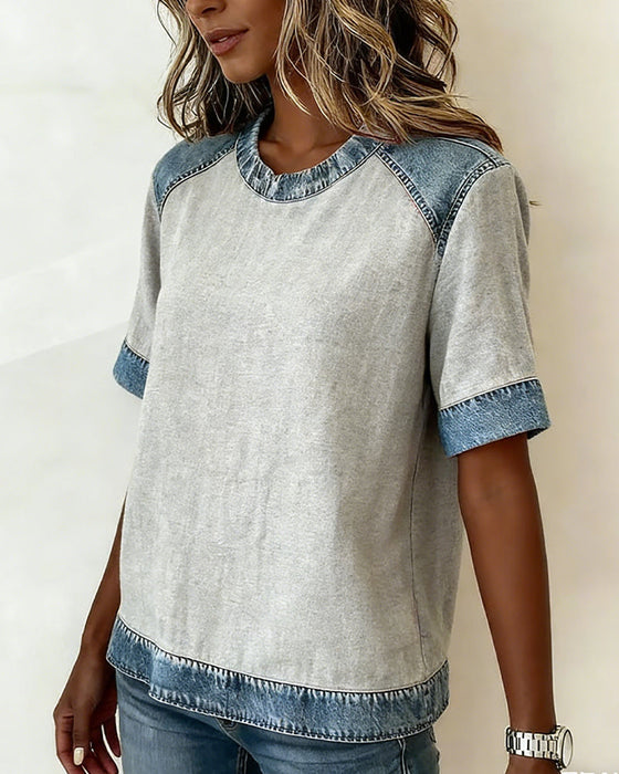 Denim Patchwork Short-Sleeved Top