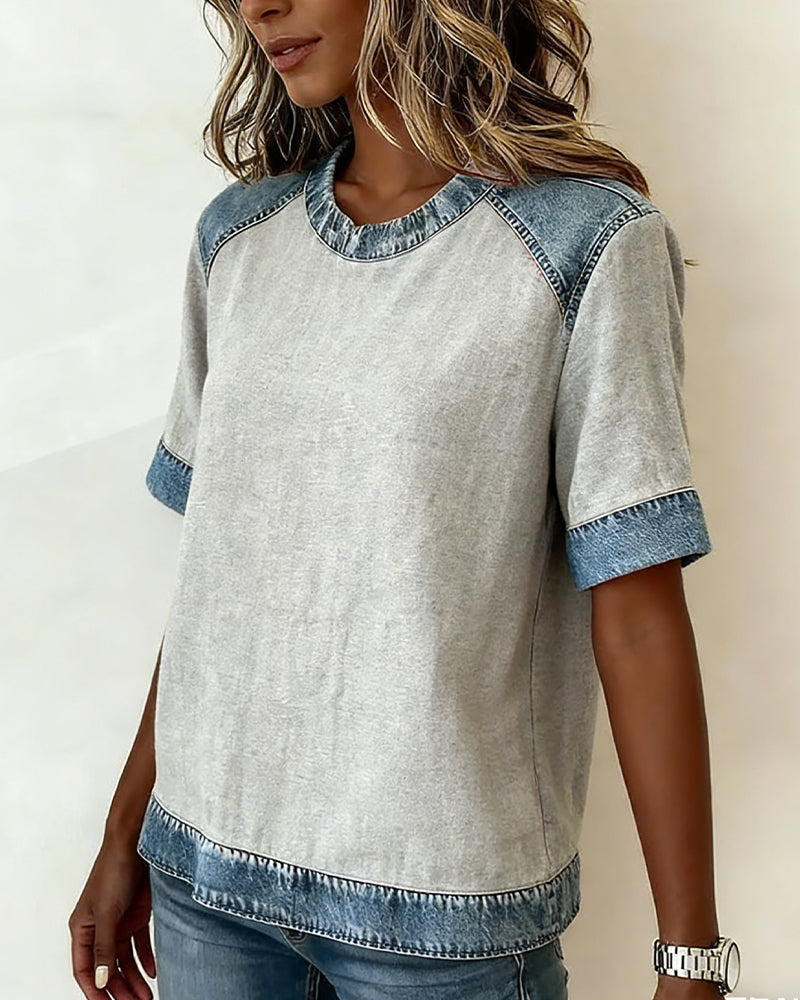 Denim Patchwork Short-Sleeved Top